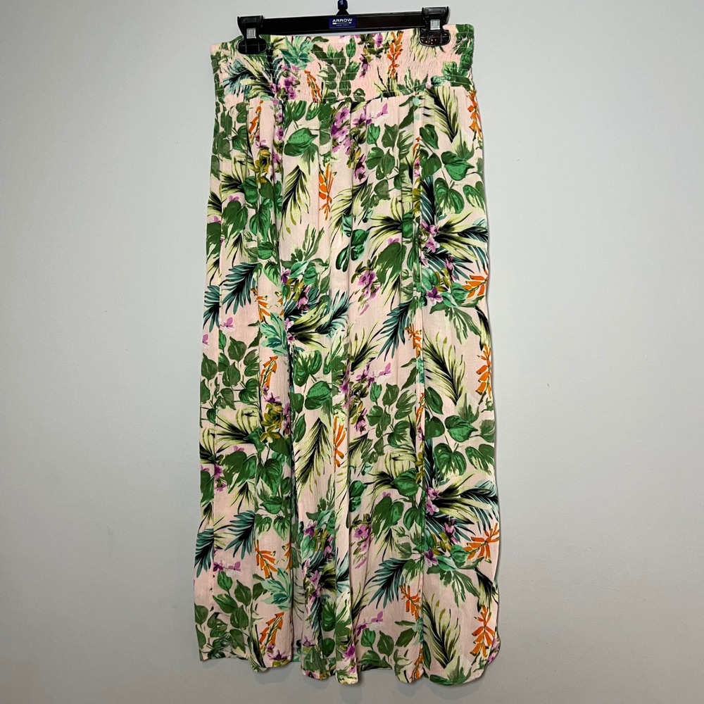 Kona Sol Womens Medium Tropical Floral Smocked Waist Skirt‎ Slit Beach Resort